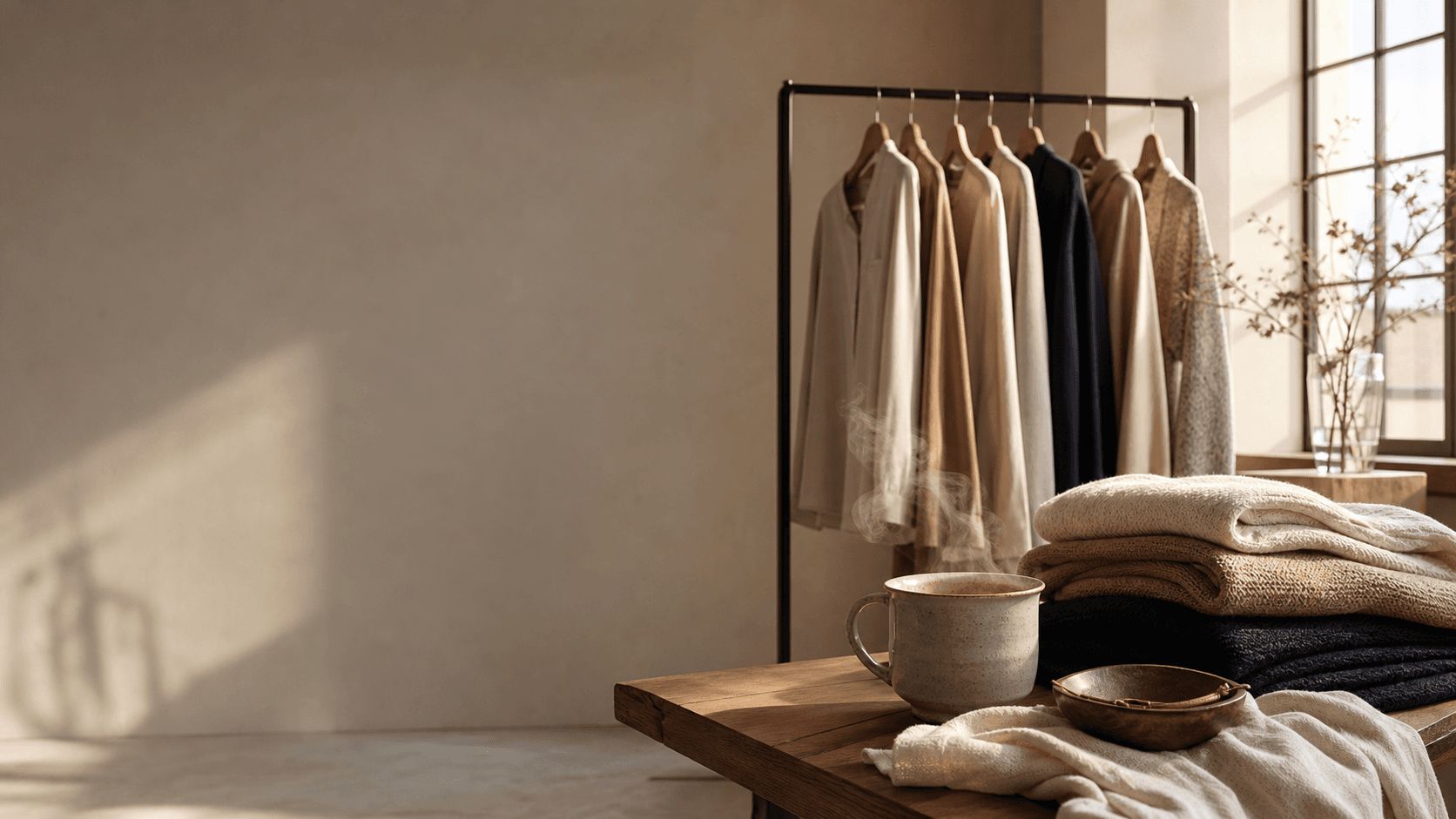 A softly lit wardrobe studio with clothing, textiles, and a hot coffee.